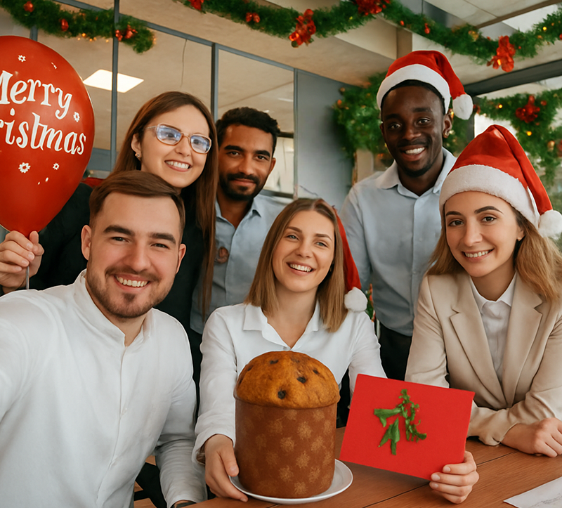 Tarjetas regalo para empresas en Navidad: empleados felices celebrando en la oficina con tarjeta regalo